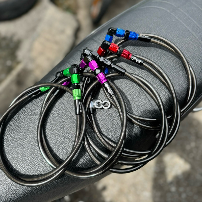 สายเบรคหน้า ยาว36นิ้ว หัวงอ90/45 มีสีแดง/สีน้ำเงิน/สีม่วง/สีเขียว/สีดำ ใส่วาล์วปลดได้ ราคาต่อ1เส้น