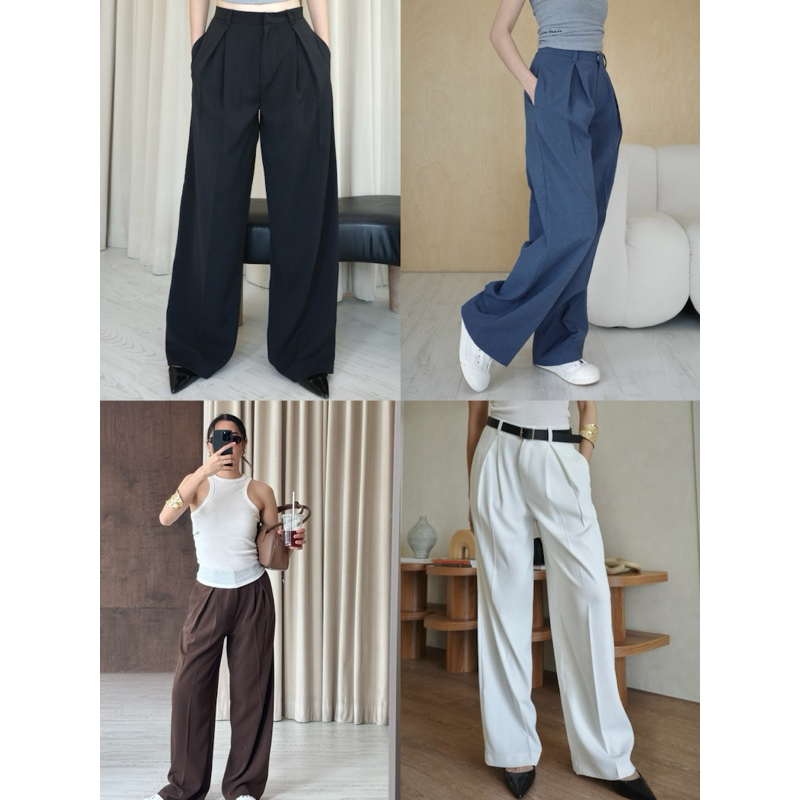 BXB - ROME TROUSER กางเกงขากระบอกยาวเอวสูงสีพื้น | ส่งด่วน