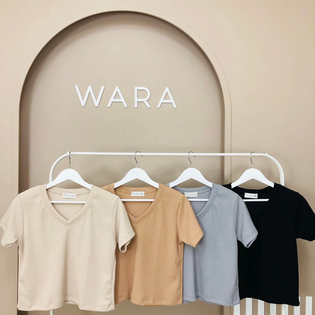 [ WF14 ] WARA เสื้อครอป คอวี เนื้อผ้าวาฟเฟิล ใส่สบาย ผ้าดีมาก