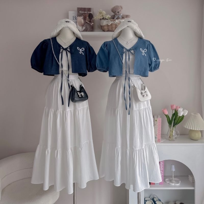 🦋🤍☁️ชุดเซต เสื้อคลุมยีนส์ปัก โบว์ - หัวใจ+ กระโปรงยาว น่ารัก