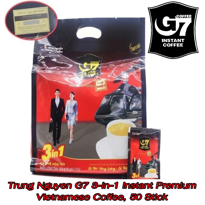 กาแฟ G7 3in1 ขนาด 50 ซอง นำเข้าจากเวียดนาม ( แพ็คเก็จขายในเวียดนาม และ ส่งออกนอก ) มีฉลากสีทองที่มุมซอง