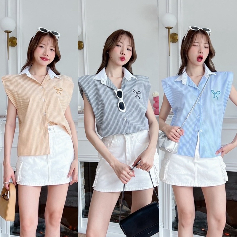 A32 - เชิ้ตโอเวอร์ไซส์แขนกุด ทรงแขนล้ำตัดขอบปกขาว ปักโบว์