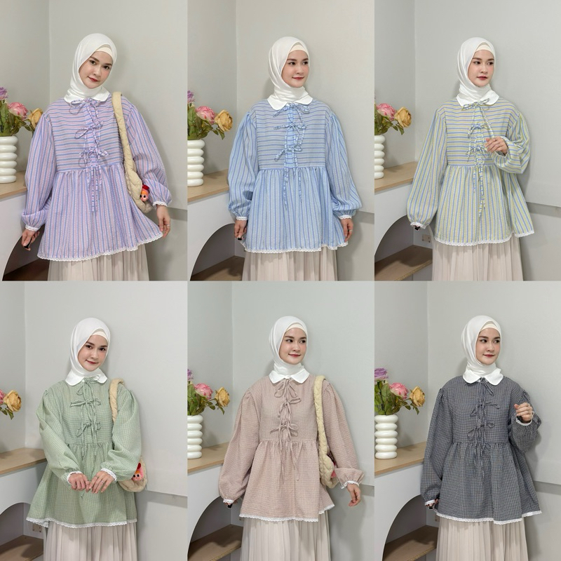 OE-16 - HANNA ~ เสื้อคอปกแต่งโบว์ข้างหน้า ลายสก้อต,ลายริ้ว