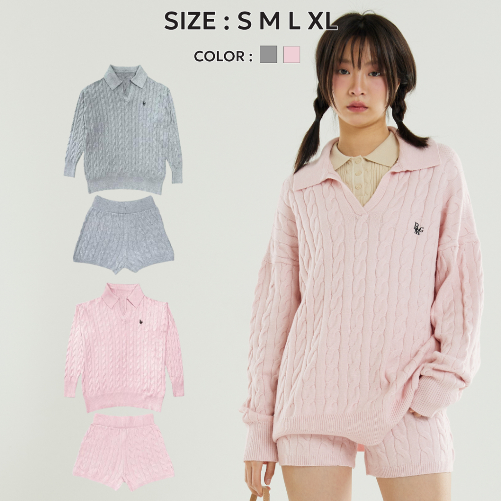Bemingset002(S-XL) - Beming Set Ver.2 เสื้อสเวตเตอร์คอปก + กางเกงขาสั้นเอวยืด