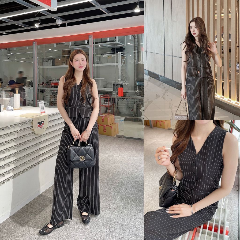 ขาวออฟ/ดำ SLYQ MARTINI PINSTRIPE BELTED VEST & PANTS SET เซ็ตเสื้อแขนกุดกระดุมหน้าและกางเกงขายาว