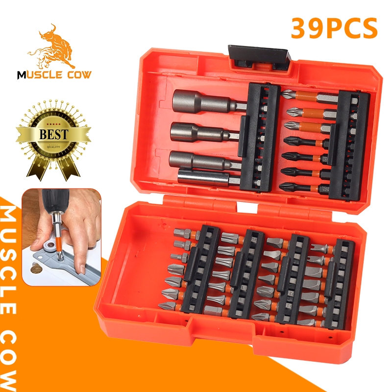 MUSCLE COW ชุดดอกไขควงและดอกสว่าน 39 ชิ้น สำหรับงานไม้ โลหะ และซีเมนต์ พร้อมกล่องเก็บ