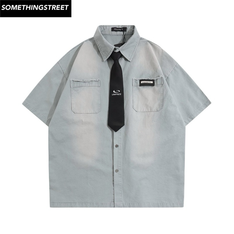 เสื้อเชิ้ตผู้ชาย necktie shirt ผ้ายีนส์แถมเน็คไทร์