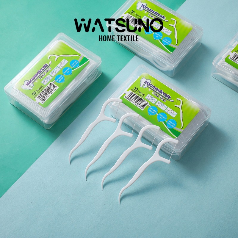 Watsuno.ไหมขัดฟันในครัวเรือนแบบใช้แล้วทิ้ง, ไหมขัดฟันพร้อมด้ามจับ, กล่อง 50 ชิ้น, ไหมขัดฟันพร้อมกล่อง, มีด้ามจับ