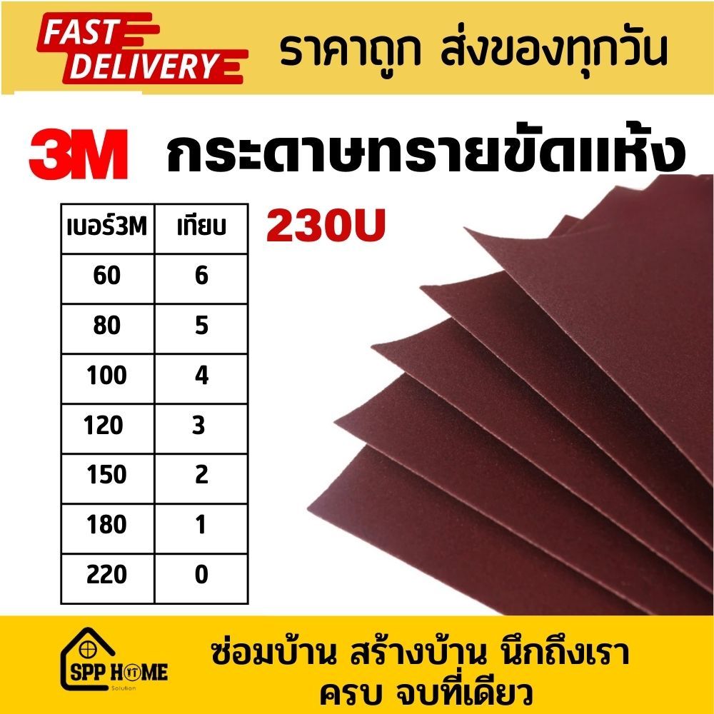 3M กระดาษทรายขัดแห้ง ขัดไม้ โลหะ พื้นผิวทั่วไป แบบแห้ง 230U #60-220