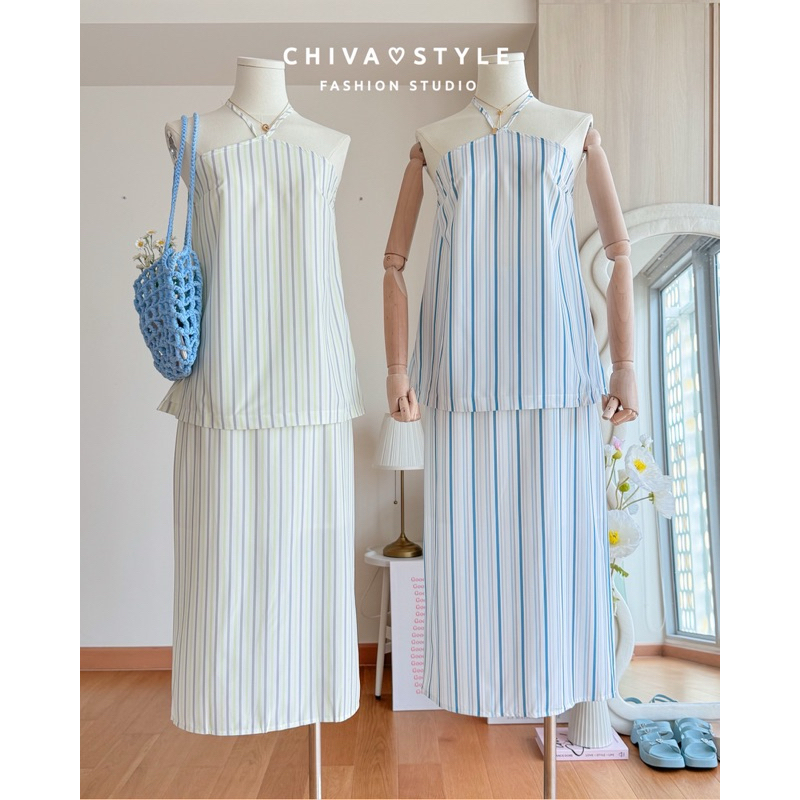 -𝐂𝐡𝐢𝐯𝐚- พร้อมส่ง‼️เซ็ตเสื้อคล้องคอเว้าหลัง+กระโปรงยาวลายทาง
