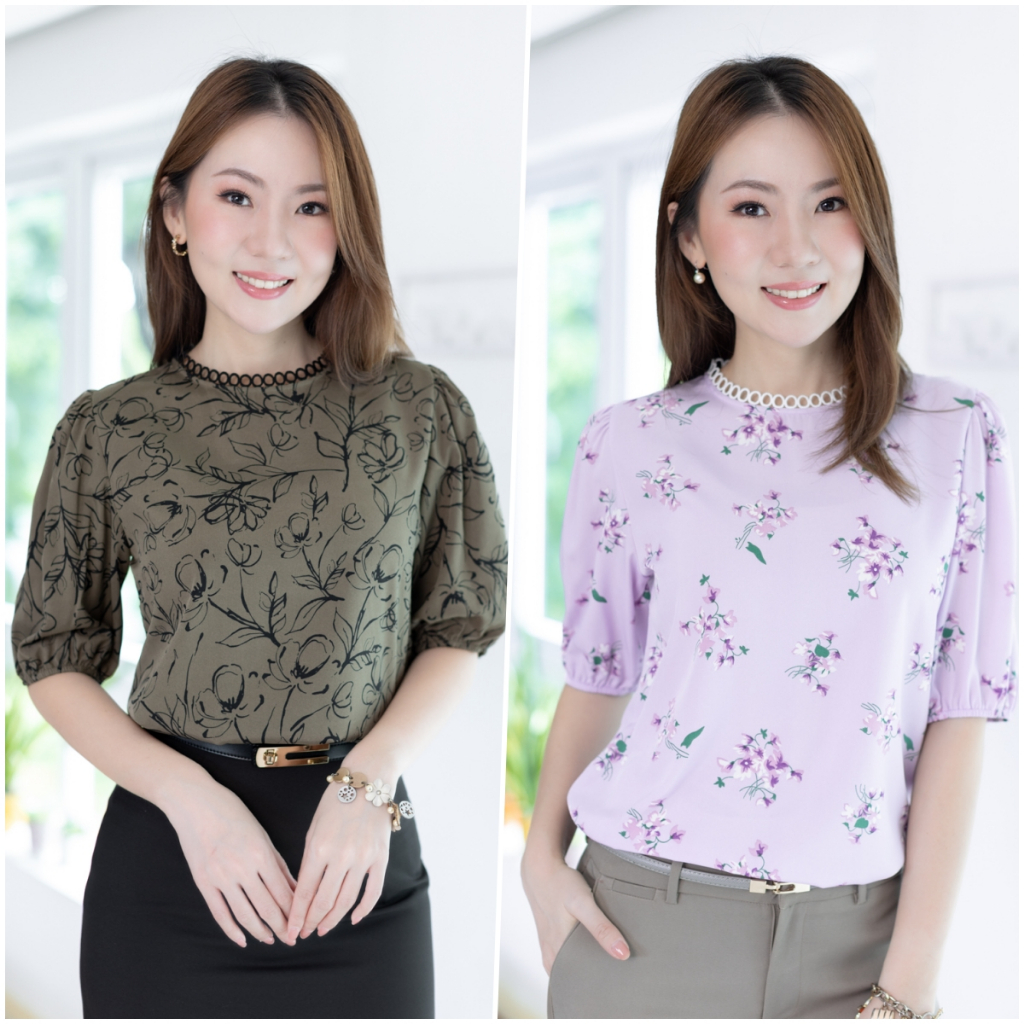 Narinari : NT2494 Ring Collar Frangipani Blouse เสื้อทำงาน แต่งขอบคอลูกไม้ห่วงกลม ตรงแขนจับจีบหัวไหล่