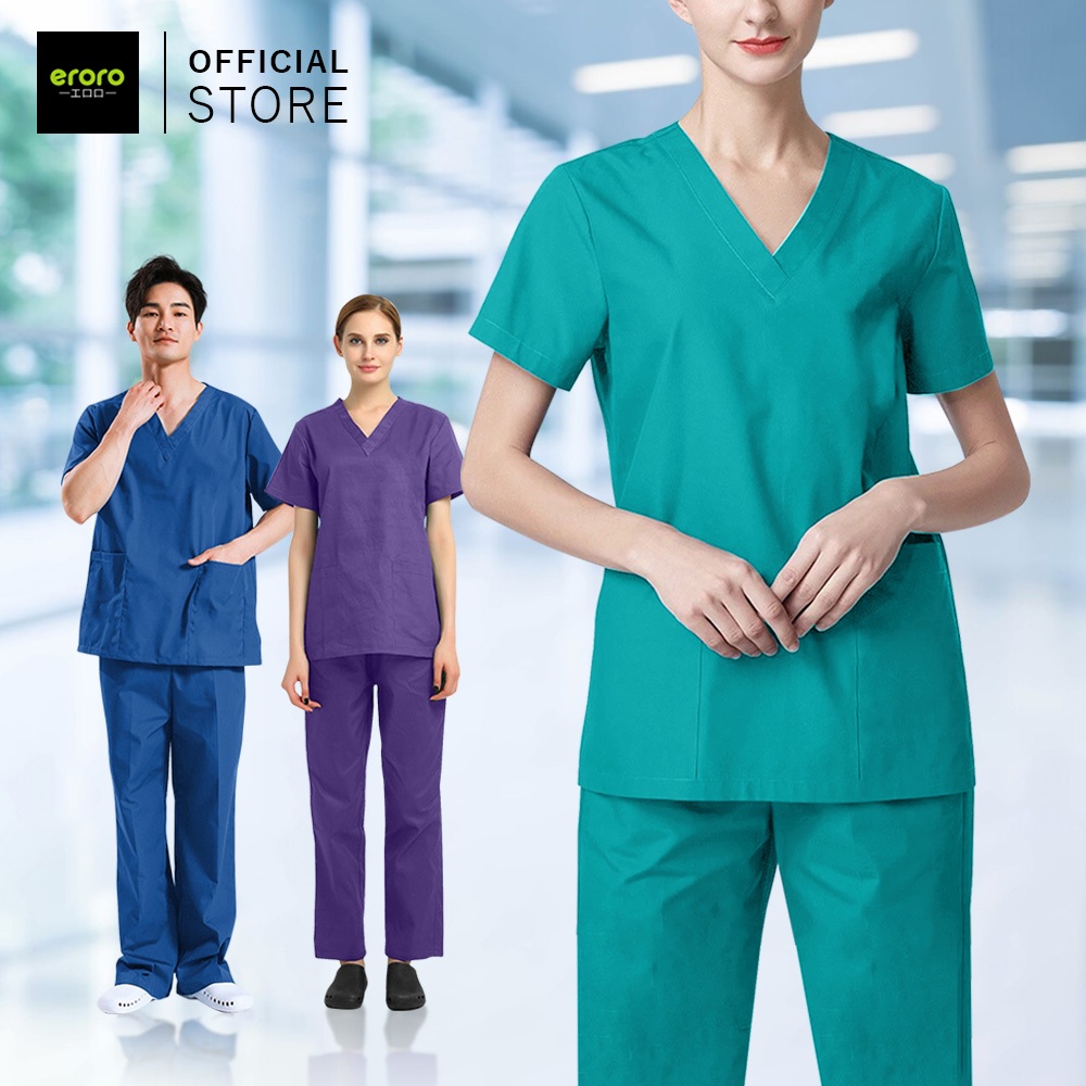 ERORO ชุดสครับพยาบาล แขนสั้น ผ้าบางลื่น แห้งเร็ว ชุดยูนิฟอร์มบุคลากร ไม่ยับง่าย