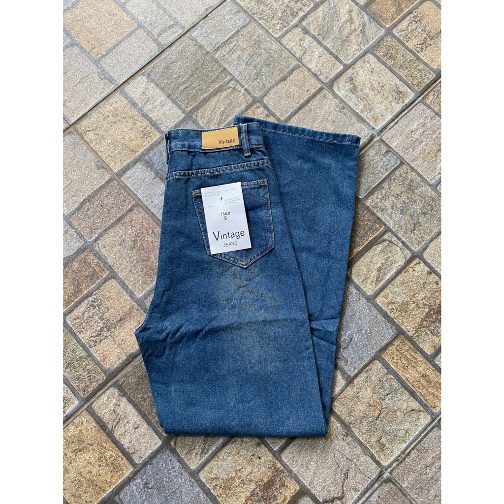 V756 ป้ายวินเทจ Basic Jeans ทรงกระบอกกลาง เอวสูง ผ้ายีนส์ไม่ยืด ใส่ได้ ชาย หญิง