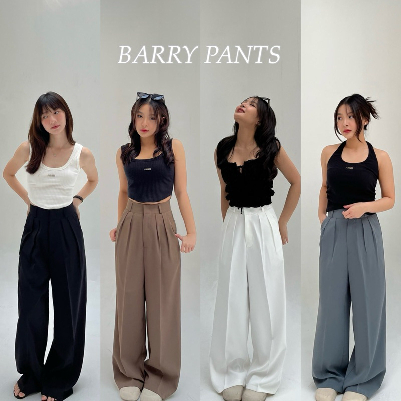 BARRY PANTS - *เปลี่ยนแบบไม่มีกระเป๋าหลอกด้านหลังค่ะ** กางเกงเอวสูงขากระบอกใหญ่ ดีเทลจับจีบยาวด้านหน้า (nita.bkk)