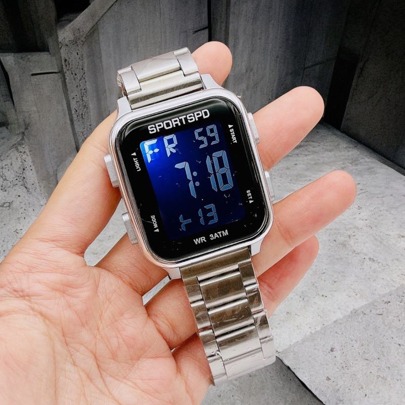 Sportwatch นาฬิกาข้อมือดิจิทัล ดิจิตอลสายเหล็ก สําหรับผู้ชาย  นาฬิกาแฟชั่นกีฬา จับเวลาตั้งปลุกได้