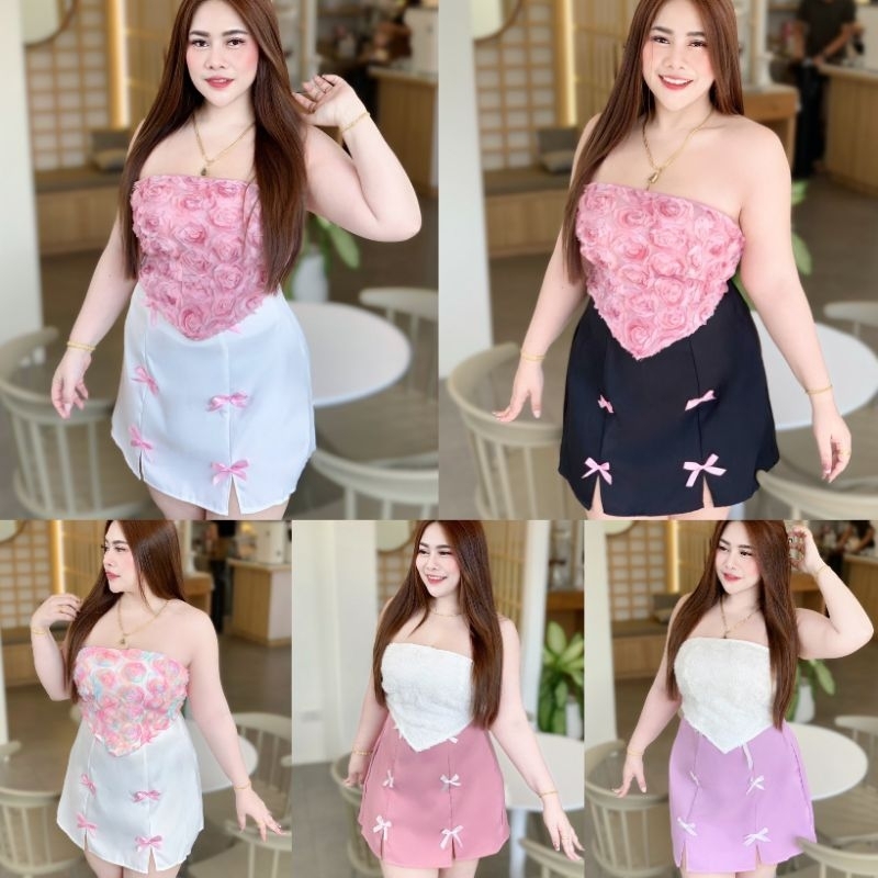 Z135 เซ็ตเกาะอกกุหลาบสาวอวบ+กระโปรง อก38-46“ เอว30-40” สพ.-48“