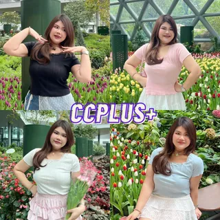 CiCi Plus+(93110-2) เสื้อแขนสั้นคอยู แต่งขอบลูกไม้ มินิมอล สไตล์พลัสไซส์