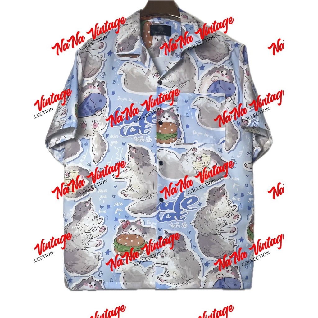 # 3 เสื้อเชิ้ตฮาวาย เสื้อเชิ้ตผ้าไหมอิตาลี่ พิมพ์ลายดิจิตอล ลายน้อนแมว