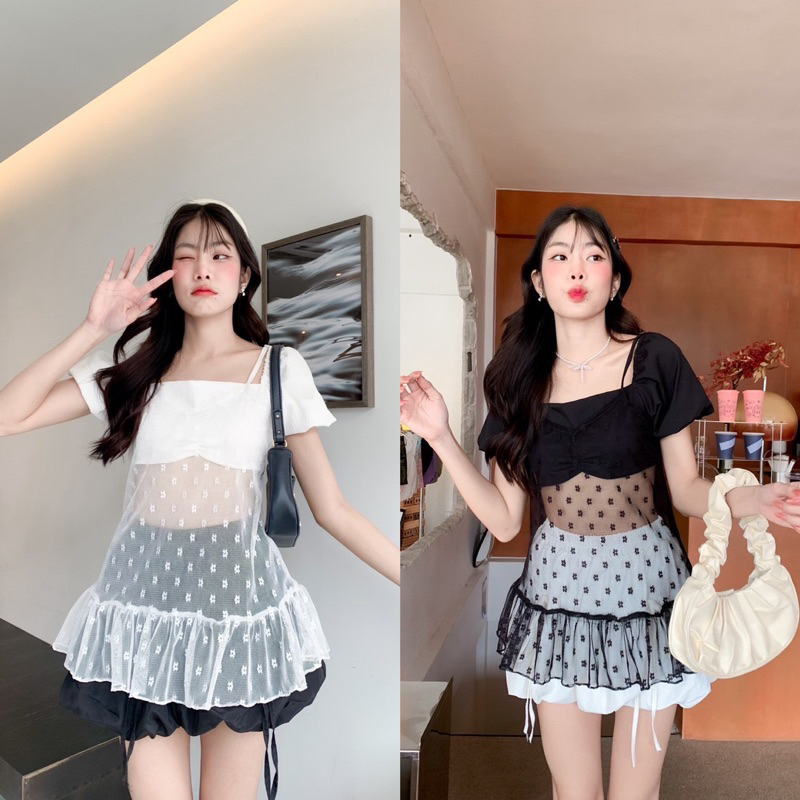 Oreo Pie Top ชุดเซตเสื้อครอปแขนตุ๊กตา+สายเดี่ยวซีทรูลายดอกไม้