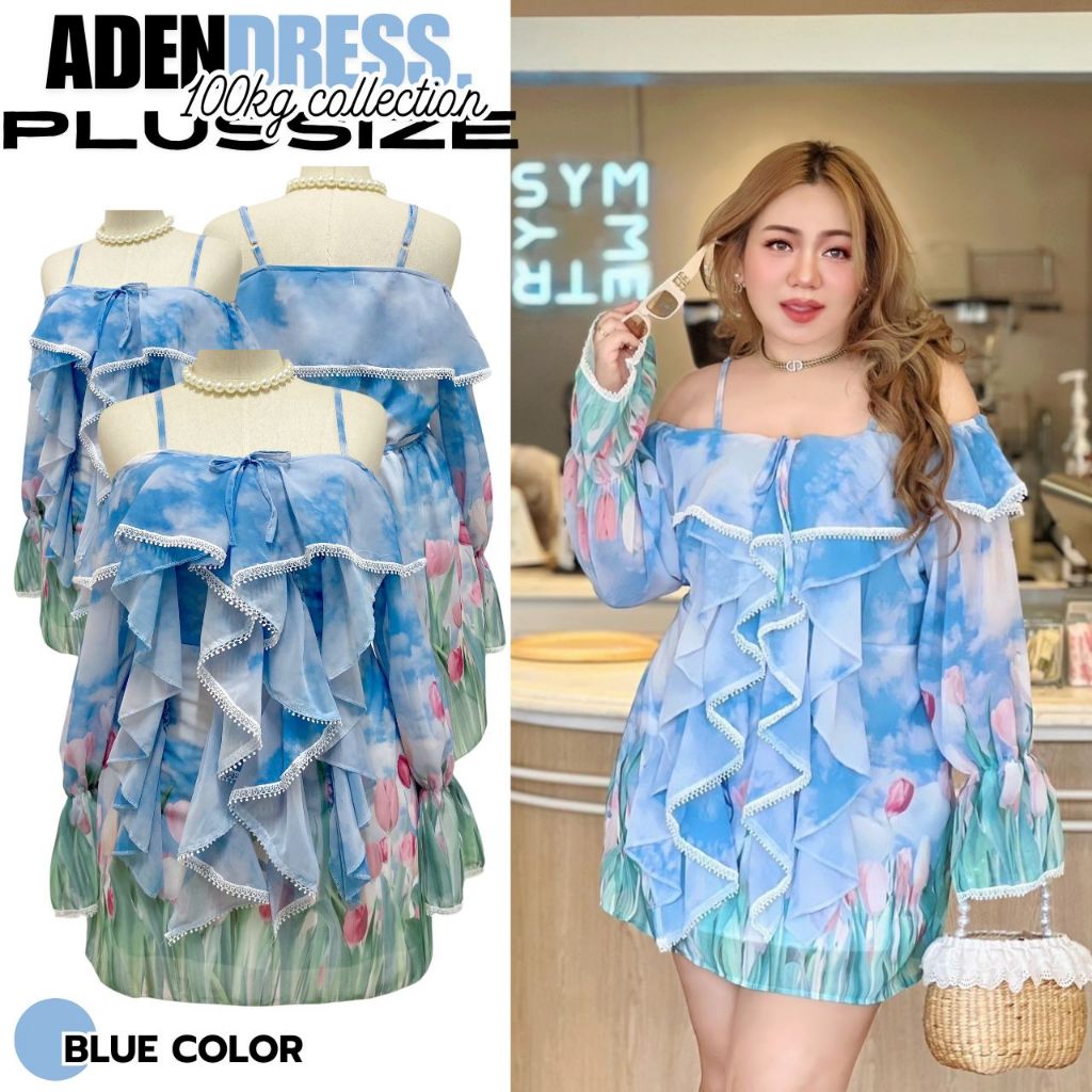 Plus size เดรสสายเดี่ยวเปิดไหล่ระบายพริ้วผ้าชีฟองลายทิวลิป น่ารัก สดใส รุ่น ทิวลิปเอเดน(F7)