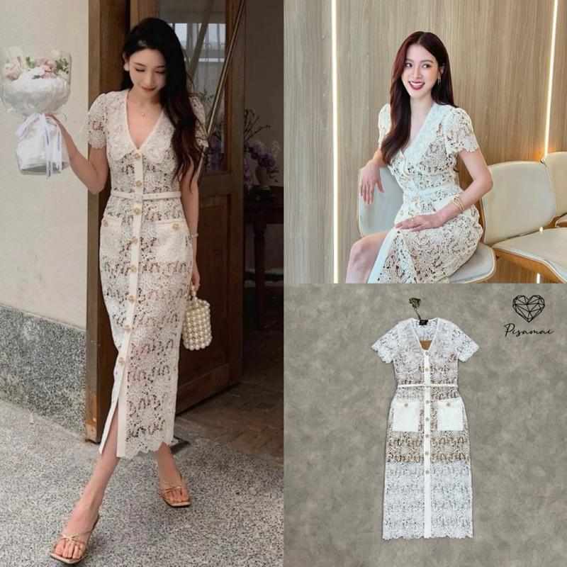 pisamai มิดิเดรสคอวีปกลูกไม้ปักอย่างดี เดรสวางแพทเทิร์นสวยเข้ารูป เนื้อผ้าลูกไม้ทอเกรดพรีเมียม
