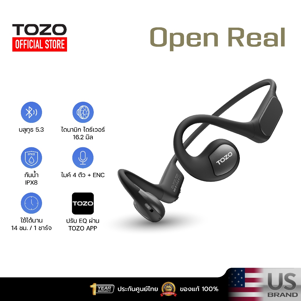 [ประกันศูนย์ไทย]  TOZO OpenReal หูฟังบลูทูธ หูฟังไร้สาย หูฟังออกกำลังกาย  Open-ear Design Bluetooth 5.3