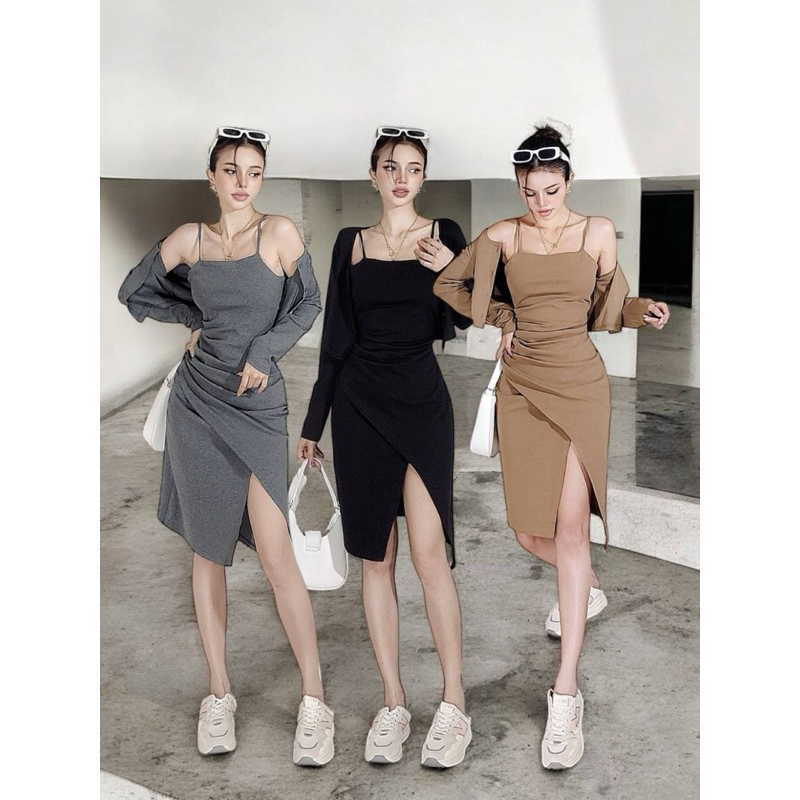 #COTTON CANDY เซตผ้ายืด เดรส+เสื้อคลุม New Miya korea.set