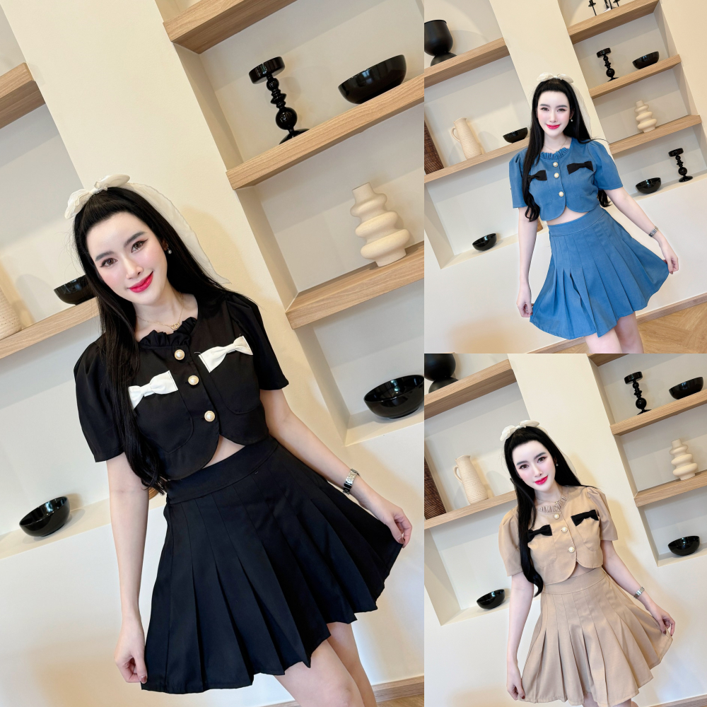 พร้อมส่ง ชุดเซตกระโปรงสไตล์สาวเวียดผ้าทวิต เสื้อคอแต่งระบายกระดุมหน้ากระเป๋าหน้าแต่งโบว์+กระโปรงเอวเรียบสม้อคหลังA5206
