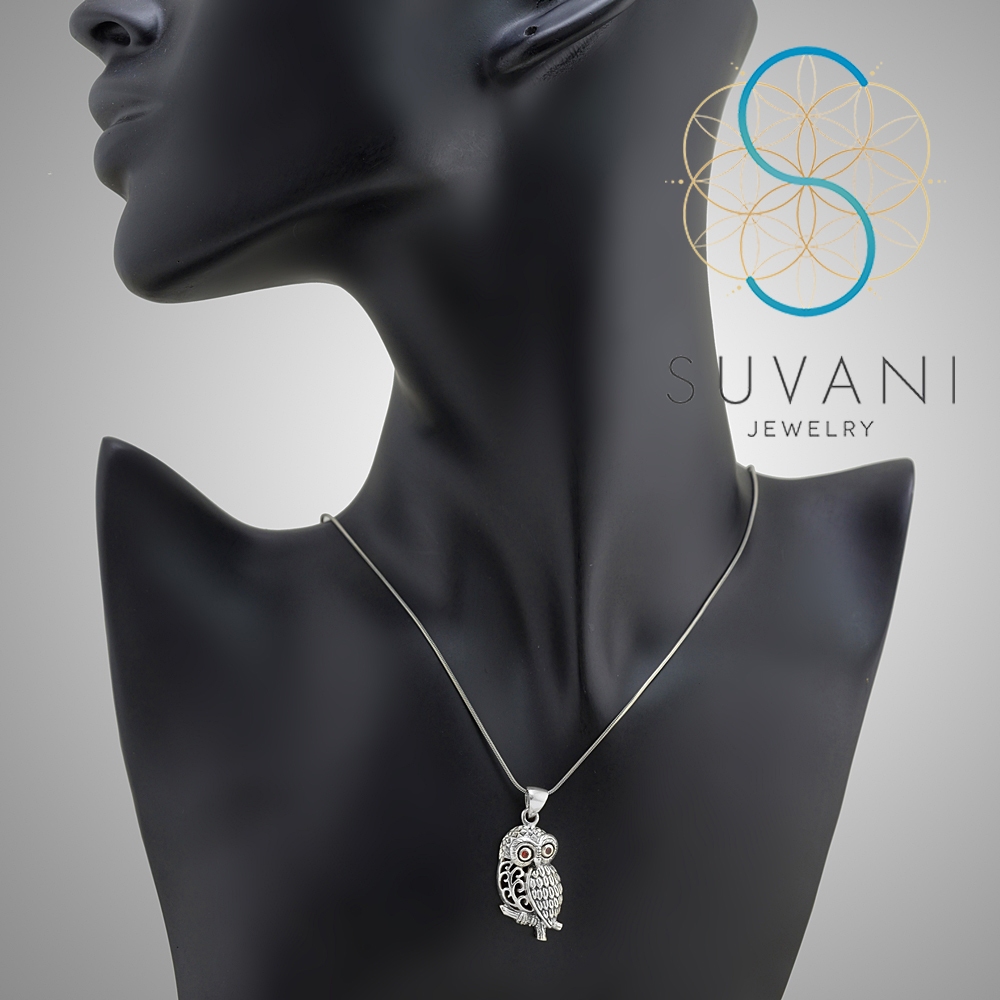 SSUVANI เงินแท้ 92.5% จี้นกฮูกเงินแท้ ประดับด้วยเพชรรัสเซียสีแดง จี้พร้อมสร้อยคอ เครื่องประดับเงินแท้ - รูปที่ 4