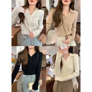 ใหม่ เสื้อคลุมไหมพรมแขนยาว กระดุมหน้า คอปก ผ้านิ่ม รุ่น6854*