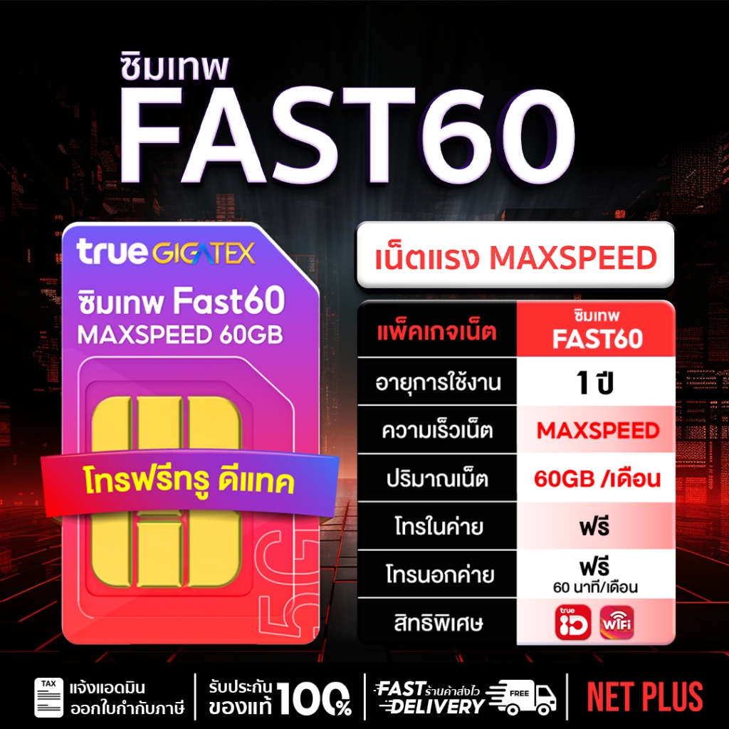 ซิมเทพทรู FAST60 ซิมเทพMaxSpeed ​ ซิมฟาส60 เร็ว 1000Mbps ซิมรายปี เน็ตแรง​ Max Speed!!​ โทรฟรีทรู​ไม