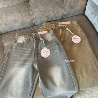 Acasey กางเกงยีนส์ผู้หญิง ขายาว Daisy Jeans กระบอกใหญ่ เฟดฟอก ไซส์ S - XL กางเกงสีน้ำตาล