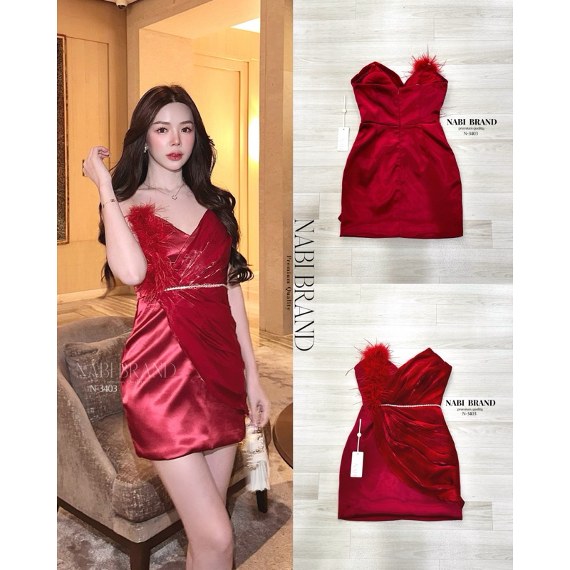 M10 งานป้าย Nabibrand Dress ชุดเดรสสั้นเกาะอก สีแดงไวน์ สำหรับผู้หญิง เสื้อผ้าแฟชั่นผู้หญิง ไซส์ Xs-L
