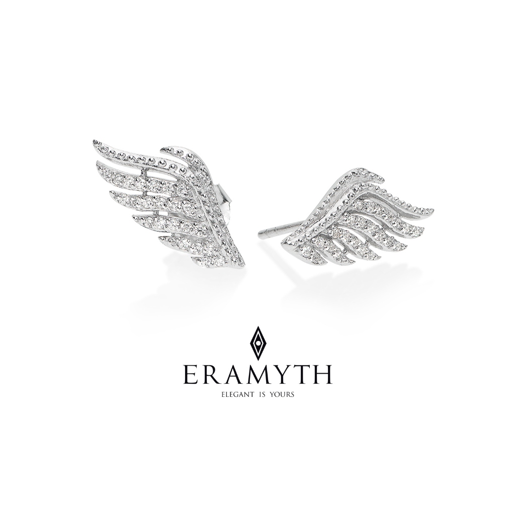 Eramyth Jewelry ต่างหูปักก้าน เงินแท้ 925 ดีไซน์ปีกนก ฝั่งด้วยเพชรสวิสCZ สินค้ามาตรฐานส่งออก PA-0647-R01