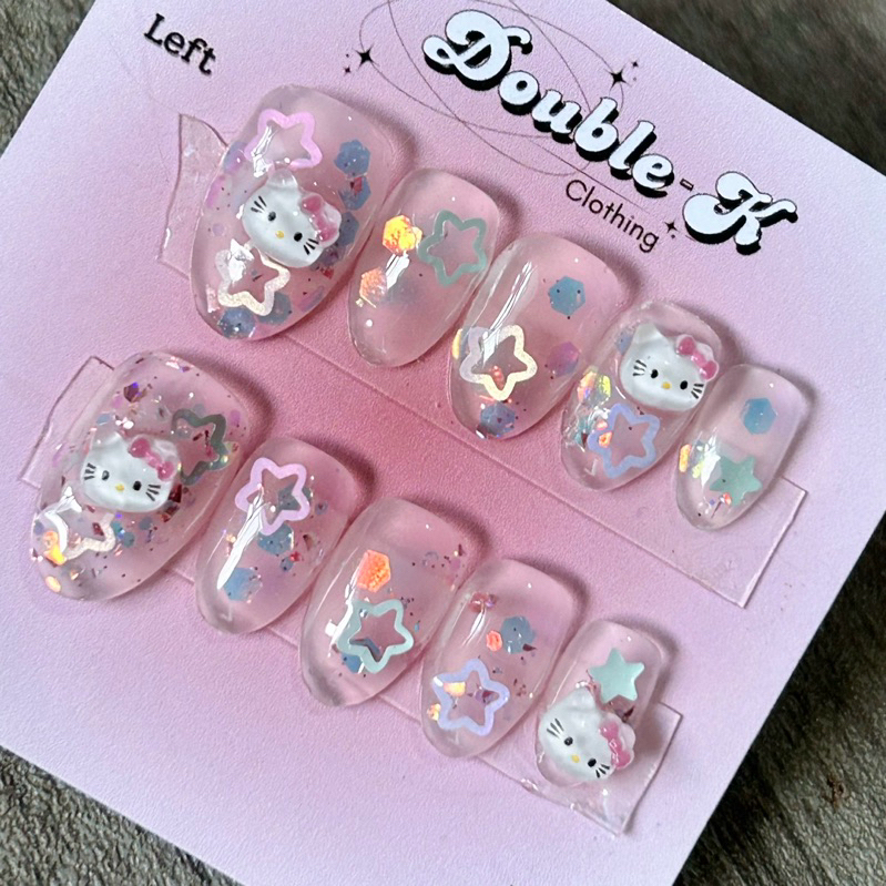 เล็บปลอมเจลสีใสคิตตี้ Kitty Kawaii 💕(เปลี่ยนสีพื้นได้ หากเปลี่ยนสีพื้นพิมพ์เบอร์ใส่ในหมายเหตุก่อนสั่ง)