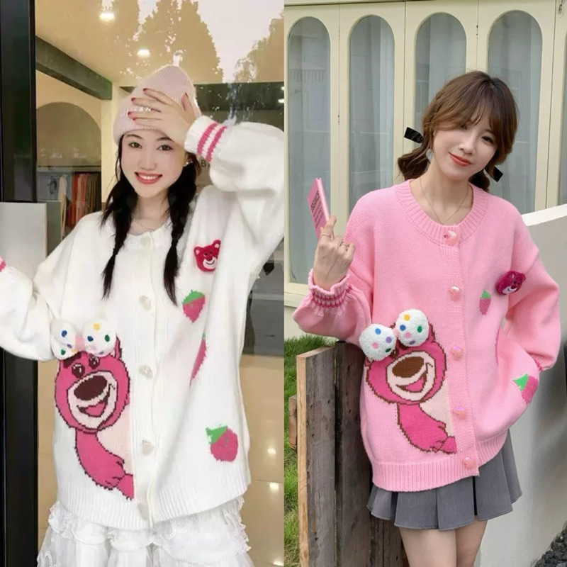 เสื้อคลุมคาร์ดิแกนคอปกน้องหมีติดโบว์หวานๆผู้หญิง กระดุมแกะอออกได้
