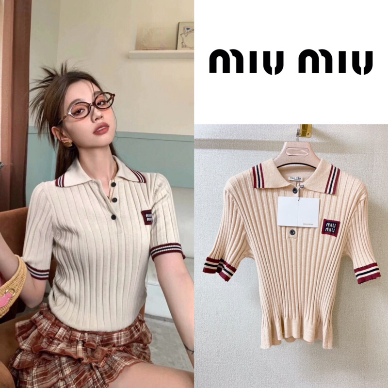 เสื้อไหมพรมยืดแขนสั้นเย็บคอปก Miu Miu