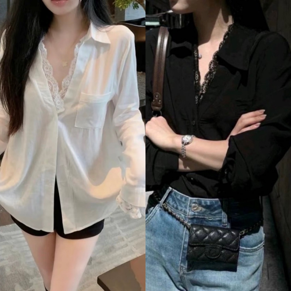 สินค้าพร้อมส่ง เสื้อเชิ้ตสไตล์เกาหลีแต่งลูกไม้แขนยาวกระดุมหน้า A4997