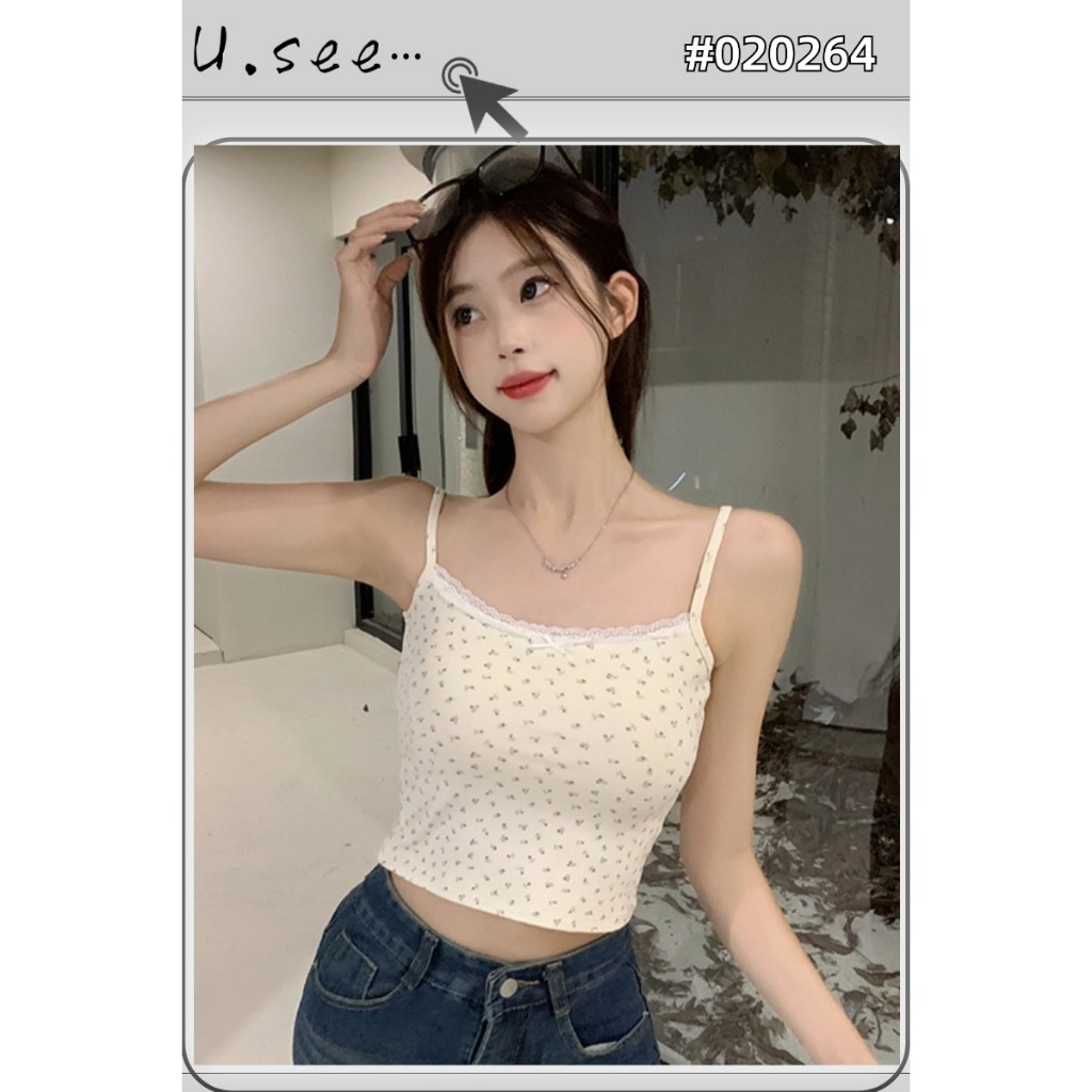สายเดี่ยว สายเดี่ยวครอป ทรงเข้ารูป ลายดอกไม้ เเต่งลูกไม้#2264
