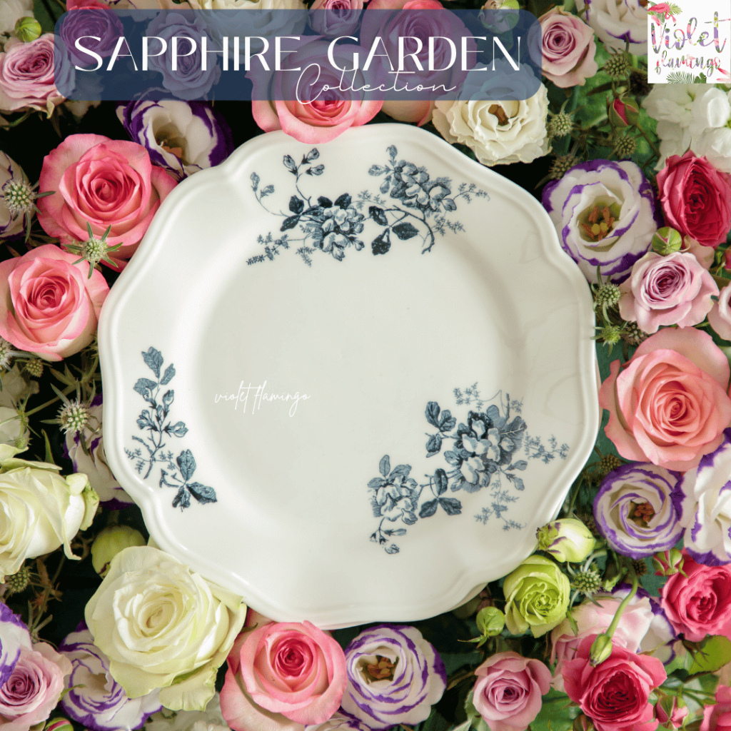 Violet Flamingo จานชามเซรามิครุ่น Sapphire Garden จานสีขาวลายดอกสีน้ำเงินเข้ม จานเข้าไมโครเวฟได้