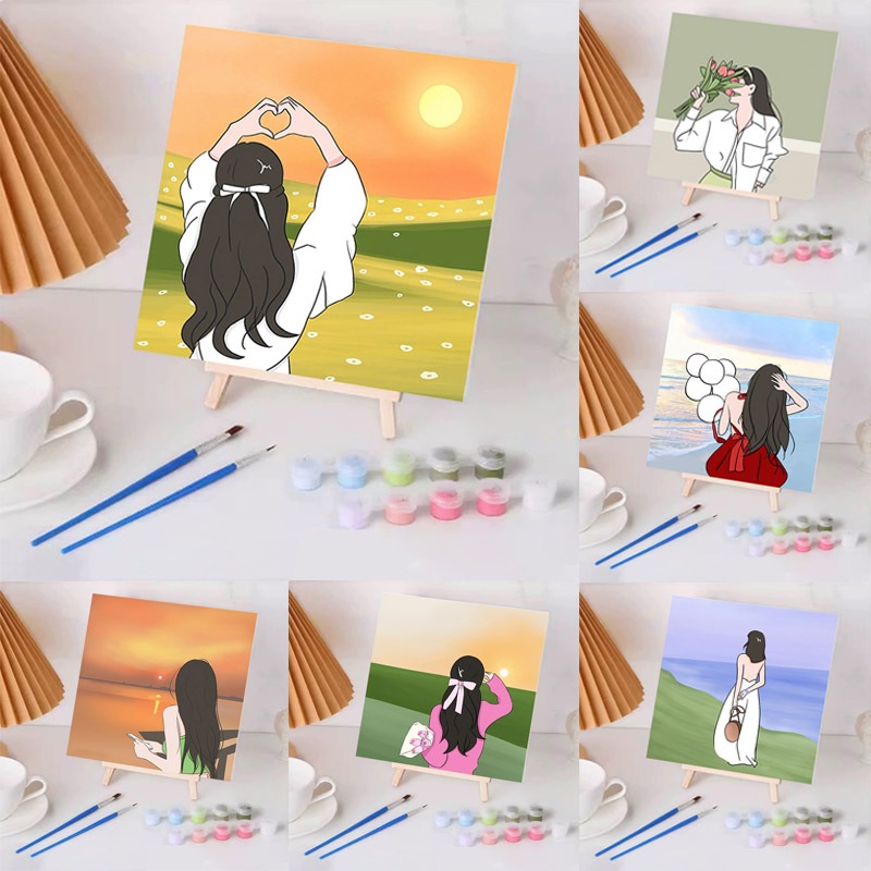 ระบายสีตามตัวเลข DIY 20*20 ซม จิตรกรรมดิจิตอล ลายสาวๆ การวาดภาพดิจิตอล ภาพวาดตกแต่งอะคริลิก