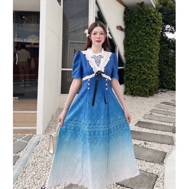 (s-5xl) เดรสยาว ลายไทย ผ้าหนักๆ งานป้าย chalita