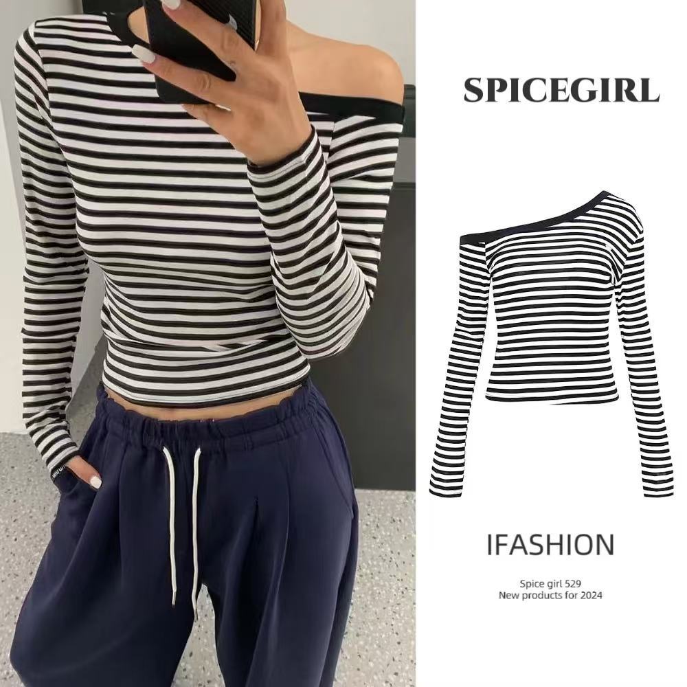 🔥Spice Girl🔥เสื้อแขนยาว ลายทางสีขาวดำไหล่เฉียง สไตล์เกาหลี ผ้าคุณภาพดี สตรีทสไตล์วินเทจ สวยสับปังมาก สำหรับผู้หญิง