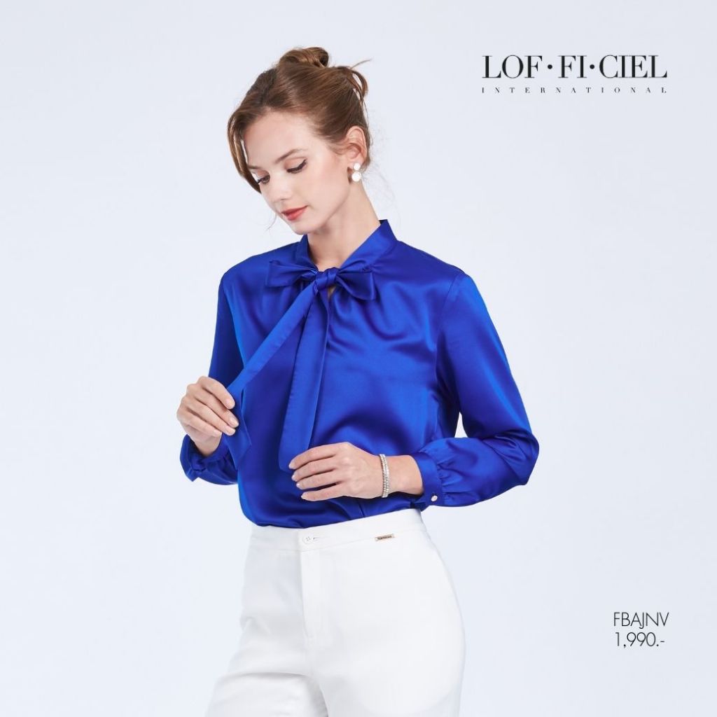 LOF-FI-CIEL เสื้อเชิ้ต Silk satin ผู้หญิงแขนยาว สีน้ำเงิน FBAJNV