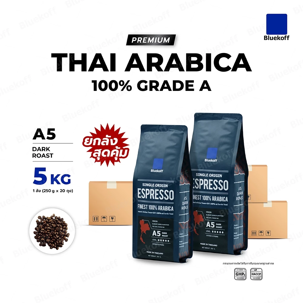 Bluekoff A5 Dark Roast เมล็ดกาแฟไทย อราบิก้า 100% Premium เกรด A ยกลัง 5 กิโลกรัม (250 กรัม x 20 ถุง)