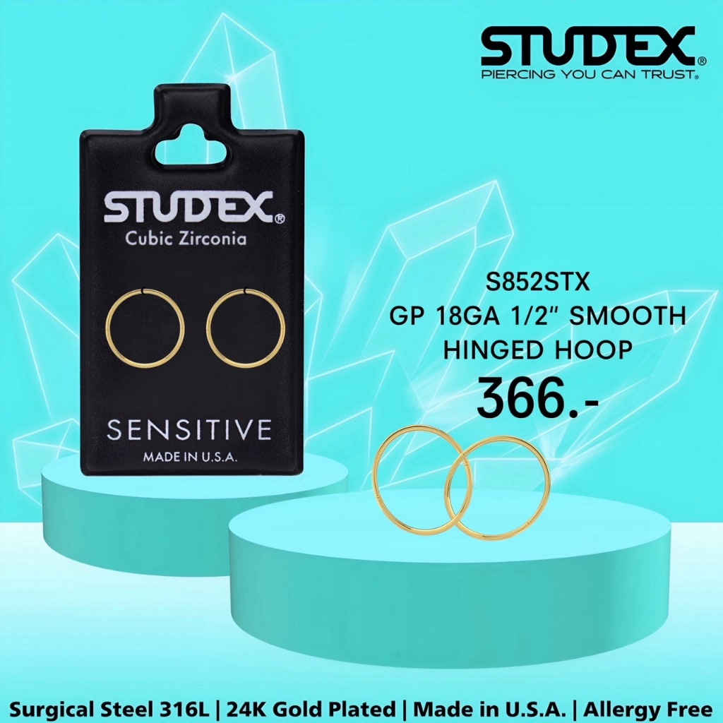 STUDEX S852STX ต่างหูแฟชั่นสำหรับหูแพ้ง่าย เคลือบทอง 24K 18GA 1/2" SMOOTH HINGED HOOP