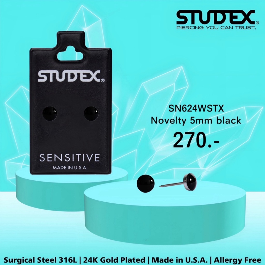 STUDEX SN624WSTX ต่างหูแฟชั่นสำหรับหูแพ้ง่าย สีสแตนเลส SS NOVELTY 5MM BLACK