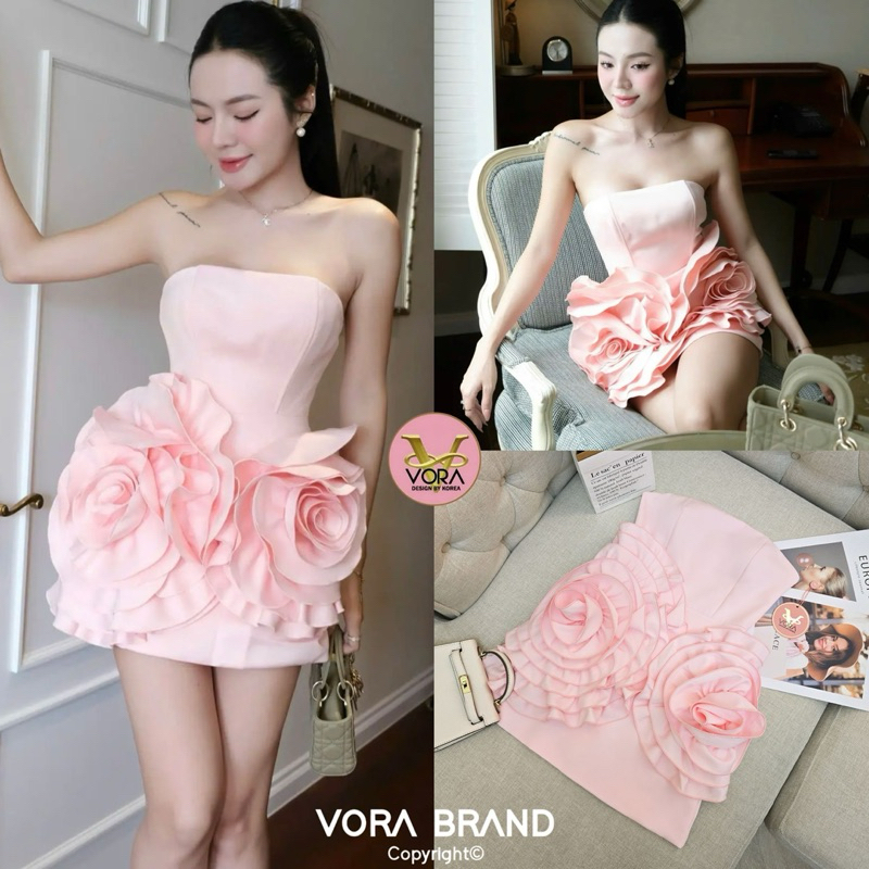 M10 งานป้าย Vora Dress ชุดเดรสสั้นเกาะอกแต่งดอกไม้3D สำหรับผู้หญิง เสื้อผ้าแฟชั่นผู้หญิง ไซส์ Xs-L