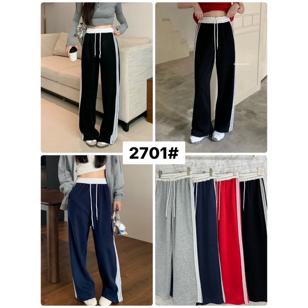 กางเกงวอร์มขายาว งานแต่งลูกไม้ด้านข้าง ขอบเอวตัดสี #2701