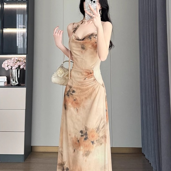 เดรสเปิดหลัง แขนกุด เปิดไหล่ เรียบหรู ชุดราตรี ไปทะเล ผู้หญิง เดรสดอกไม้ เดรสทรงเอ